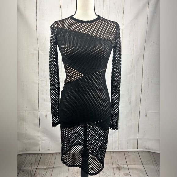 BCBGMAXAZRIA Asymmetrical Mesh Body-Con Dress Black Nude - Picture 3 of 11